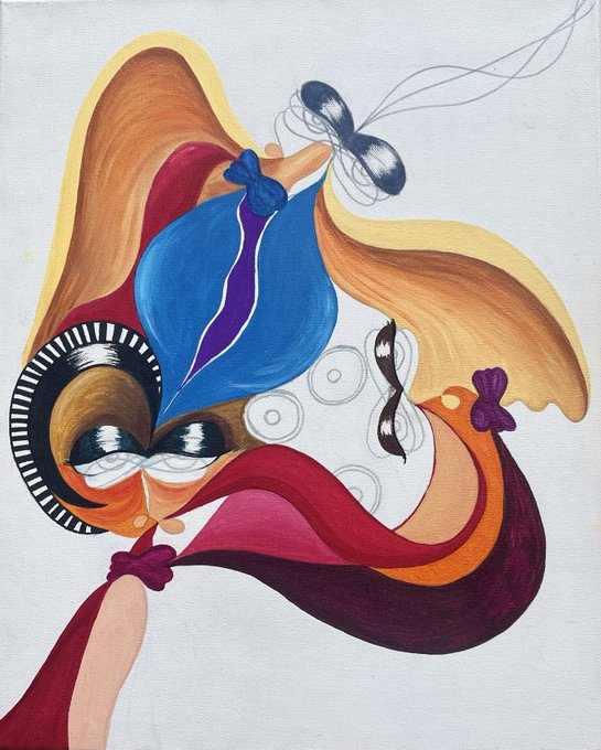 An abstract colorful painting featuring flowing organic shapes in blue, orange, red, yellow, and purple, with a stylized mask-like face with large eyes on the left side.