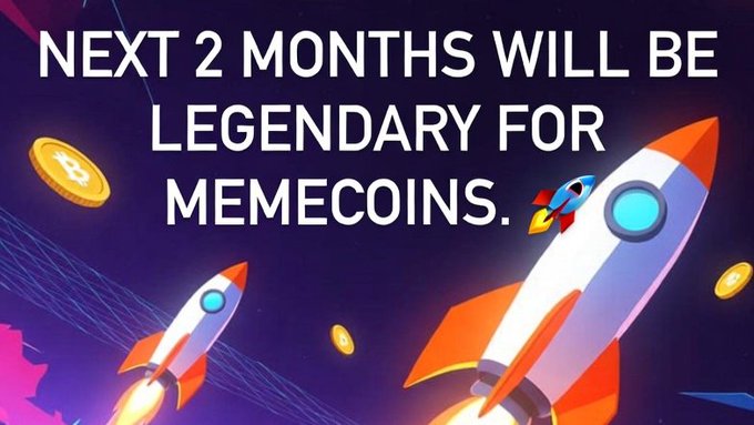 A graphic features two rockets launching against a dark purple background with floating Bitcoin icons, accompanied by the text 'NEXT 2 MONTHS WILL BE LEGENDARY FOR MEMECOINS.'