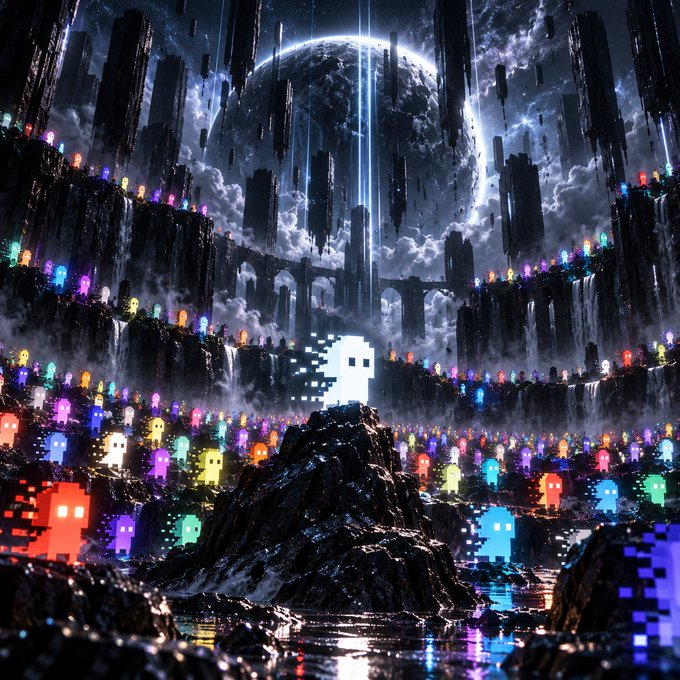 A digital fantasy artwork featuring pixelated ghost-like figures in vibrant colors gathered around a larger white pixelated figure, set against a dark sci-fi landscape with towers and a large celestial body.