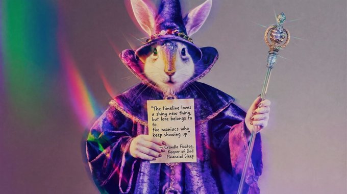 A whimsical image of a bunny dressed as a wizard in purple robes and a pointed hat, holding a staff and a sign reading 'The timeline loves a shiny new thing, but lore belongs to the maniacs who keep showing up' attributed to 'Crandle Firstory, the Keeper of Bad Financial Sheep'.