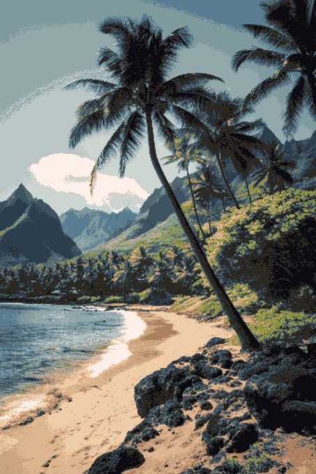 A stylized illustration of a tropical Hawaiian beach with swaying palm trees, rugged mountains, and rocky shoreline pairs perfectly with the post's "Aloha" greeting from @0xdiid, evoking the laid-back island spirit of an on-chain crypto moment.