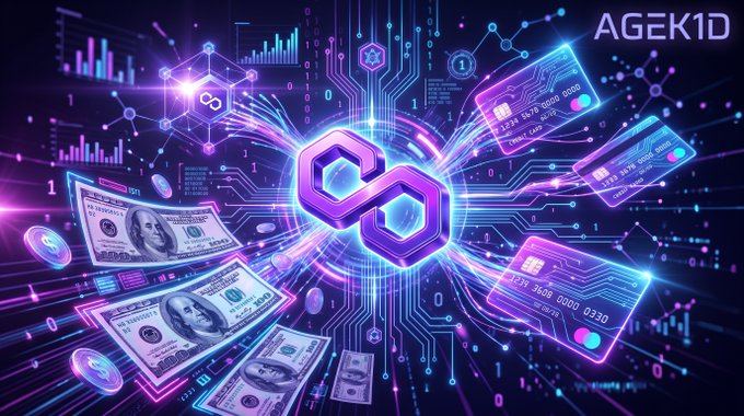 A digital artwork by AGEK1D featuring a glowing purple infinity symbol connected to floating banknotes, credit cards, and circuit-like network patterns on a dark background.