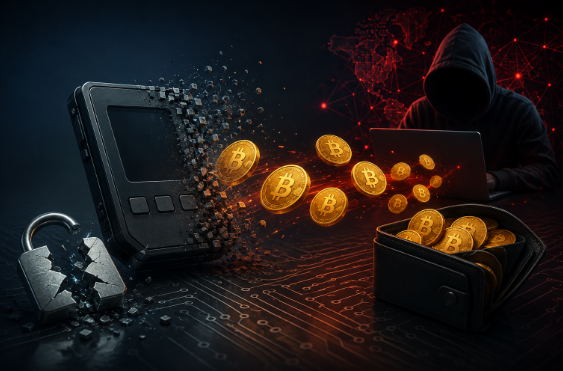 A digital illustration depicts a hooded figure at a laptop with golden Bitcoin coins, alongside a broken padlock and a shattered hardware wallet.