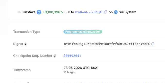 Sui blockchain transaction details showing an unstake of 3,100,396.5 SUI with a ProgrammableTransaction digest and timestamp of 28.05.2026 UTC 19:21.