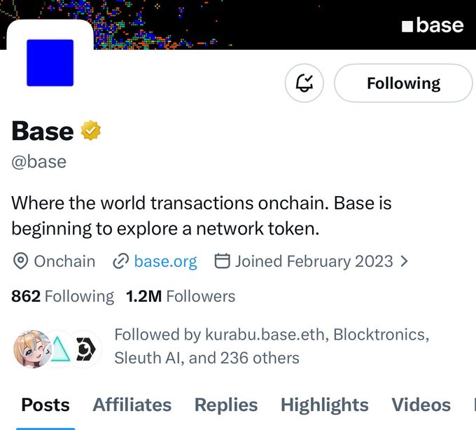 The image shows a screenshot of a twitter page which contains a bio about the @base organization and an update to their token. The text on the page mentions that "@base has recently updated their token bio" and updates the following information, including that "Base is beginning to explore a new token network soon". The conversation appears to be between the user who posted this screenshot and @base followers. The screen shows @base's twitter account, indicating that they are interested in sharing the news about the upcoming update with their followers.