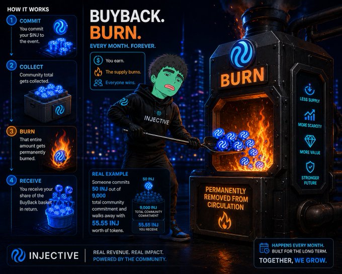An Injective promotional graphic titled 'BUYBACK. BURN.' explains a 4-step process (Commit, Collect, Burn, Receive) with a cartoon character feeding tokens into a burning furnace, noting tokens are permanently removed monthly.