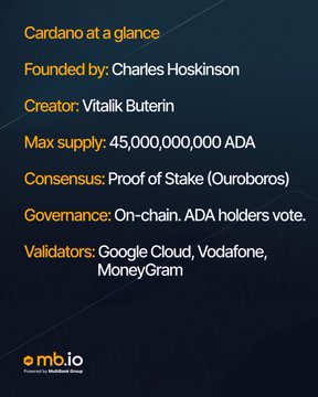A dark-themed informational card titled 'Cardano at a glance' listing details: founded by Charles Hoskinson, creator Vitalik Buterin, max supply 45,000,000,000 ADA, Proof of Stake consensus, and validators including Google Cloud, Vodafone, and MoneyGram.