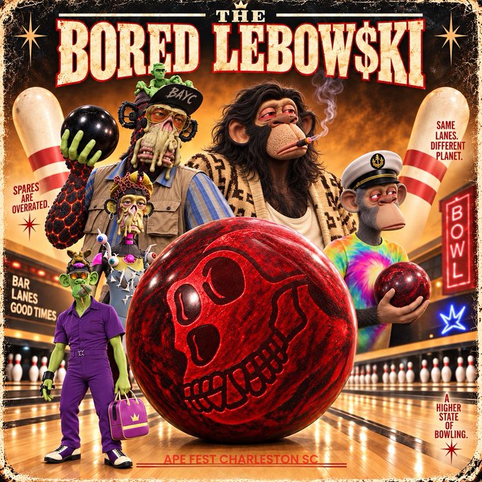 A vintage-style movie poster parody titled 'THE BORED LEBOW$KI' featuring anthropomorphic ape and monkey characters in a bowling alley setting, with a central red skull bowling ball and tags reading 'APE FEST CHARLESTON SC,' 'SAME LANES. DIFFERENT PLANET,' and 'A HIGHER STATE OF BOWLING.'