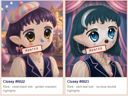 A display of two NFT characters, 'Clussy #0022' with violet-black bob hair and 'Clussy #0023' with dark-teal bob hair, both marked as 'Minted'.
