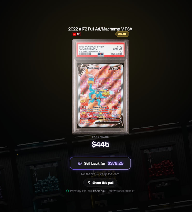 A digital collectible marketplace displays a graded 2022 Pokémon #172 Full Art/Machamp V PSA 10 card valued at $445, with an option to sell back for $378.25—aligning with the celebratory "Already pulled out a grail 🐂 Bullish" post celebrating the rare find.