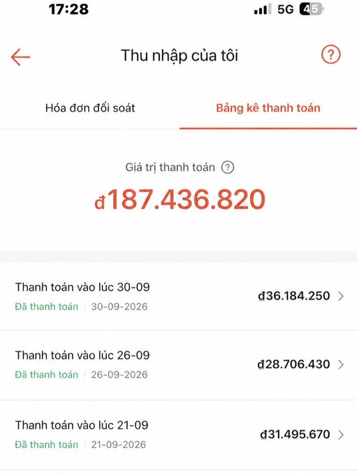 A Vietnamese-language mobile screen displays 'Thu nhập của tôi' (My income) showing a payment total of '₫187.436.820' with three completed transactions dated September 2026.