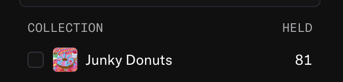 A digital collection interface displays "Junky Donuts" with a holding count of 81 out of a recent 100 NFT sweep acquired for the treasury. The image illustrates the collection's current holdings, suggesting the remaining 19 NFTs from the 100-piece sweep could be either retained for the treasury or burned.