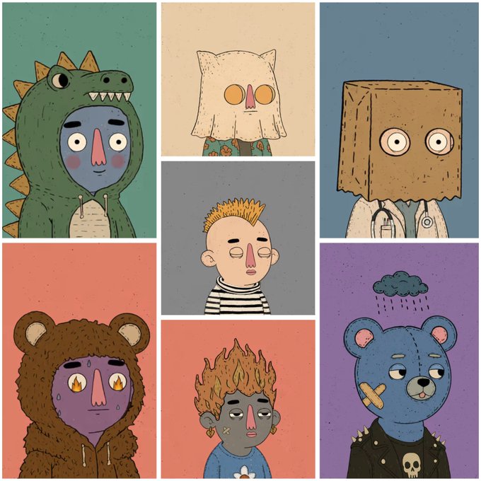 A colorful illustrated comic panel shows various quirky characters including people wearing dinosaur, ghost, box, bear, and teddy bear costumes, along with a punk character and one with a rain cloud over their head.