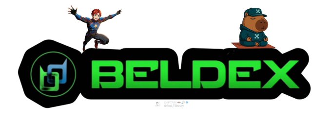 Logo for 'BELDEX' featuring a green and black design with a Spider-Man-style superhero figure on the left and a cartoon capybara wearing a cap on the right, displayed as a sticker.