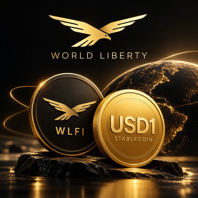 Promotional image for World Liberty Financial (WLFI) displaying golden coins marked 'WLFI' and 'USD1 STABLECOIN' alongside a stylized eagle logo and a dark globe with illuminated continents.