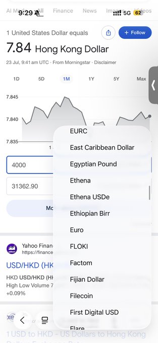 A mobile finance app shows USD/HKD exchange rate at 7.84 Hong Kong Dollars, with a currency dropdown menu open displaying options like EURC, East Caribbean Dollar, Egyptian Pound, Ethena, and Euro.