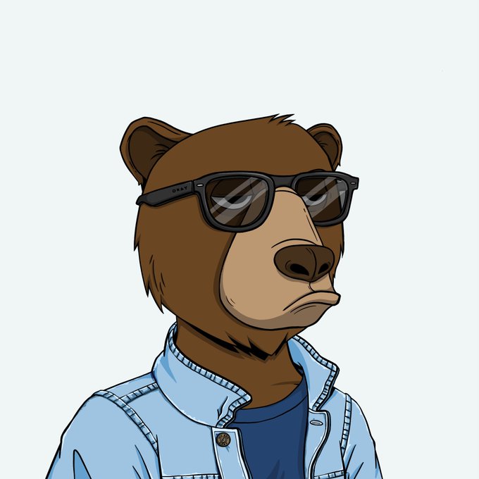 A cartoon illustration of a brown bear wearing sunglasses and a light blue denim jacket against a gray background.