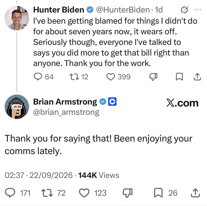 A screenshot of an X (Twitter) exchange where Brian Armstrong (@brian_armstrong) responds to a comment from Hunter Biden (@HunterBiden), who thanks him for work on "that bill." Armstrong replies, "Thank you for saying that! Been enjoying your comms lately." The post, dated 09/22/2026 with 144K views, relates to the caption by showing crypto industry figures engaging with politically polarizing public figures, likely amplifying Cobie's stress over further crossover controversies.