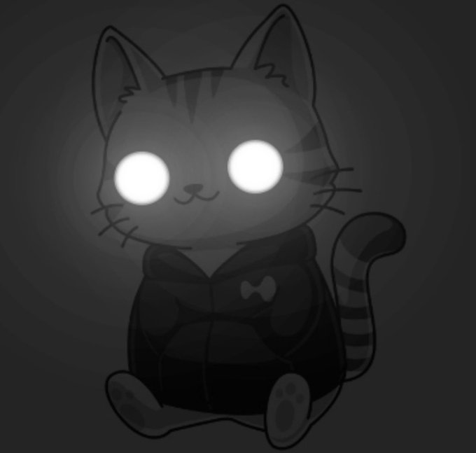A grayscale illustration shows a cartoon cat with glowing white eyes wearing a hoodie, sitting against a dark background. The haunting, glowing-eyed cat appears to convey the "can't compete" sentiment of the post about Hyperliquid's native performance, visually representing a powerful, unstoppable force that others cannot match.