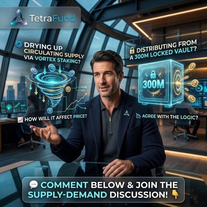 Promotional graphic for 'TetraFund' featuring a man in a suit surrounded by holographic charts. Text asks 'Drying Up Circulating Supply via Vortex Staking?' and 'Distributing from a 300M Locked Vault?', with a banner reading 'Comment Below & Join the Supply-Demand Discussion!'