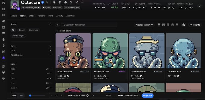 A screenshot of an NFT marketplace shows a collection called 'Octocore' with various pixelated octopus character avatars listed for sale.