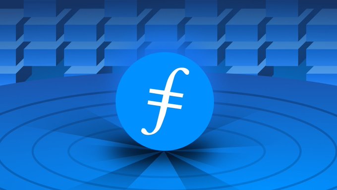 A blue 3D illustration of the Filecoin (FIL) cryptocurrency logo hovering over a stylized blue platform.