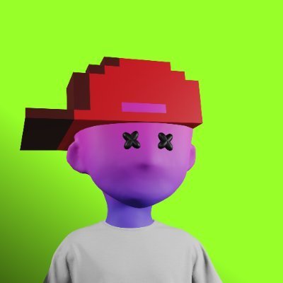 A 3D rendered character with purple skin, a red pixelated hat, and X-shaped eyes on a bright green background.
