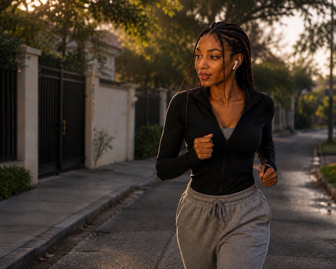 A woman with braided hair jogging down a residential street in a black zip-up jacket and gray sweatpants, wearing wireless earbuds during golden hour.