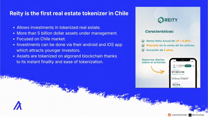 A blue presentation slide titled "Reity is the first real estate tokenizer in Chile" lists bullet points about tokenized real estate investments alongside a smartphone mockup showing the Reity app interface.