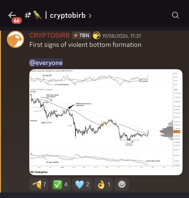 The screenshot shows a Telegram post from the "cryptobirb" channel dated 19/08/2026, titled "First signs of violent bottom formation," featuring a Bitcoin/U.S. Dollar TradingView chart annotated with RSI levels, trend lines, and an $80K support reference.

The chart's "violent bottom formation" message aligns with the post's optimistic sentiment about entering "3 years of luck in new bull market," suggesting the analyst views this technical pattern as the start of a Bitcoin recovery cycle.