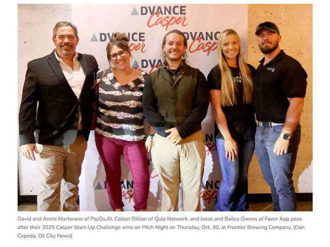 Five people pose together at the "ADVANCE Casper" event backdrop following the 2025 Casper Start-Up Challenge Pitch Night on October 30 at Frontier Brewing Company. The caption identifies them as David and Annie Martorano of PsyOs.AI, Colton Dillion of Quip Network, and Jesse and Bailey Owens of Favor App. The image relates to the post by highlighting Colton Dillion of Quip Network, one of the winning startups that Portal Ventures researched for six months before investing.