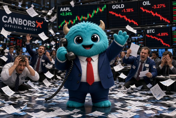A blue furry monster mascot wearing a suit and red tie holds a phone in a chaotic trading floor with falling papers, panicked traders, and stock tickers showing AAPL +2.34%, GOLD -1.18%, OIL -3.27%, and BTC -4.89%, with a 'CANBORS OFFICIAL MASCOT' sign visible.