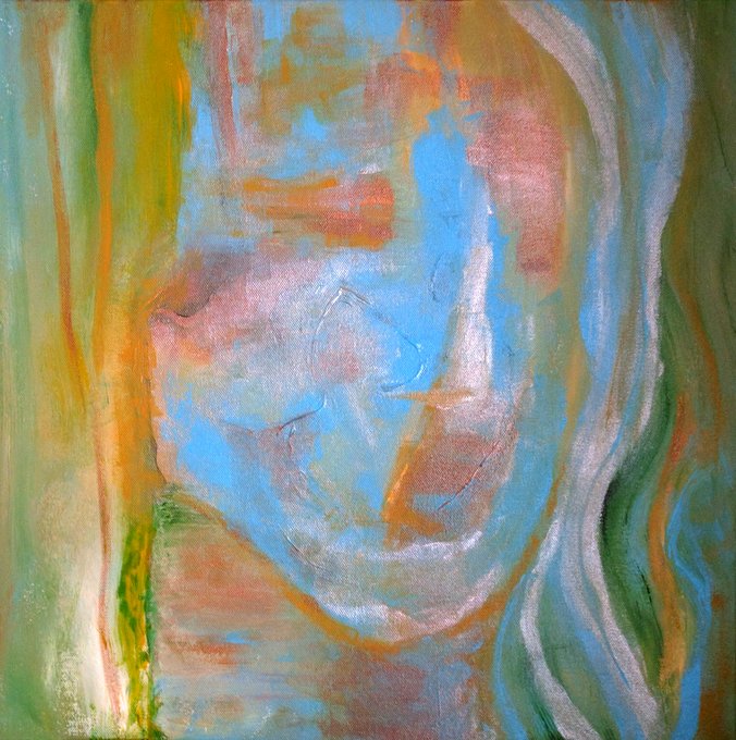 An abstract oil painting featuring swirling pastel colors including blues, greens, oranges, and pinks, suggesting the outline of a face or figure.