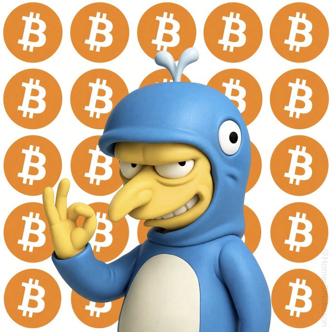 A 3D-rendered yellow character wearing a blue whale costume making an 'OK' hand gesture, posed in front of a background pattern of orange Bitcoin (₿) logos.