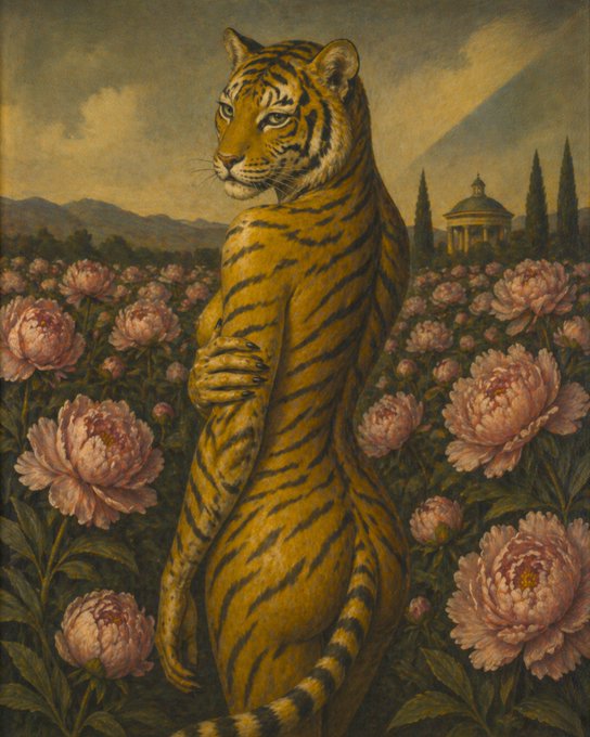 An anthropomorphic painting depicts a tiger with a human-like female body standing upright in a field of large pink peonies, with a classical domed building in the background.