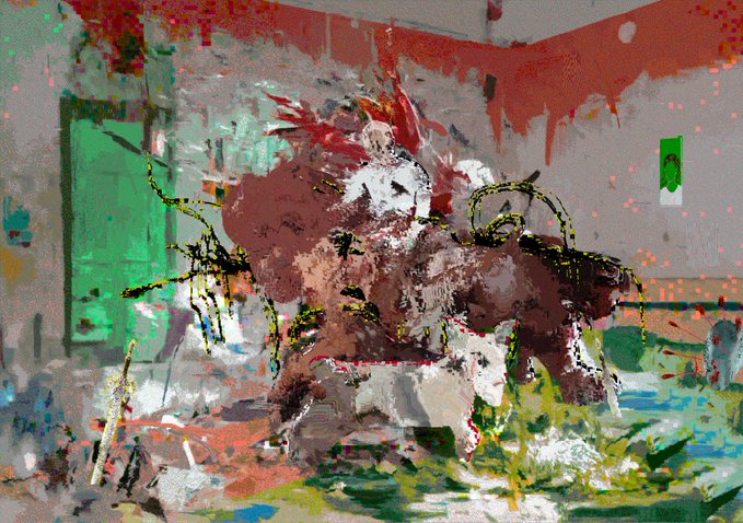 An abstract, impressionistic painting depicting two figures in an embrace, rendered with loose brushstrokes in shades of red, green, white, and brown.