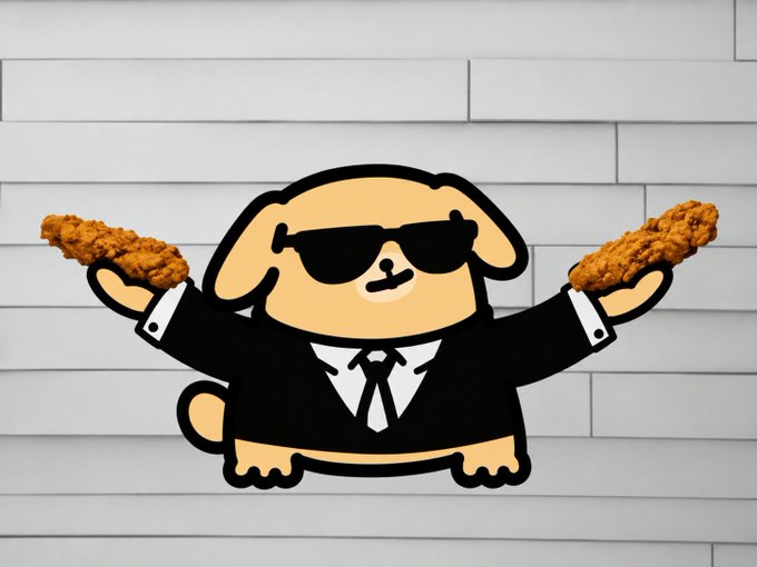 A cartoon illustration of a tan puppy wearing black sunglasses and a suit with tie, holding fried chicken drumsticks in both hands, set against a white brick wall background.