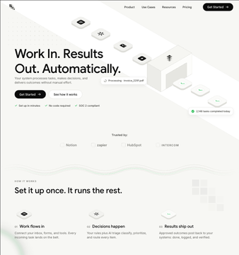 A screenshot of a website homepage featuring the headline 'Work In. Results Out. Automatically.' and explaining how their process works.