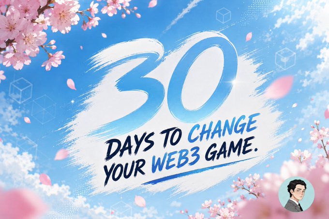 A promotional graphic with pink cherry blossoms and blue sky reading '30 DAYS TO CHANGE YOUR WEB3 GAME.' featuring a small avatar of a man in the corner.
