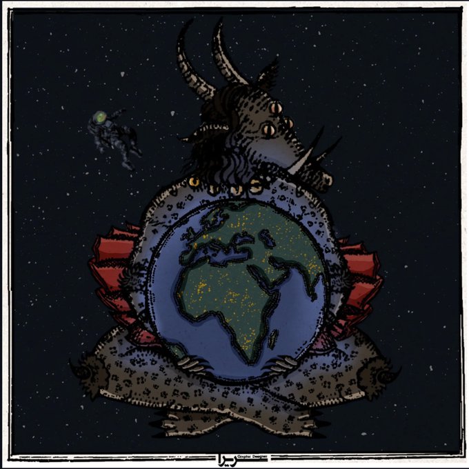 A fantasy illustration depicting Earth wrapped by a multi-eyed cosmic dragon or monster with red wings, set against a starry space background with a small astronaut figure floating nearby.
