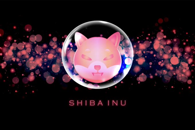 A glowing sphere featuring a pink Shiba Inu face is displayed against a black background with sparkling light effects, labeled "SHIBA INU" beneath it—visually representing the $SHIB memecoin being discussed as it breaks the $0.000005 resistance level.