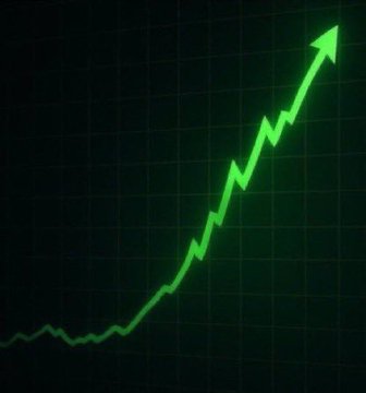 A glowing green upward-trending line graph with an arrow pointing to the top right, displayed on a dark grid background.