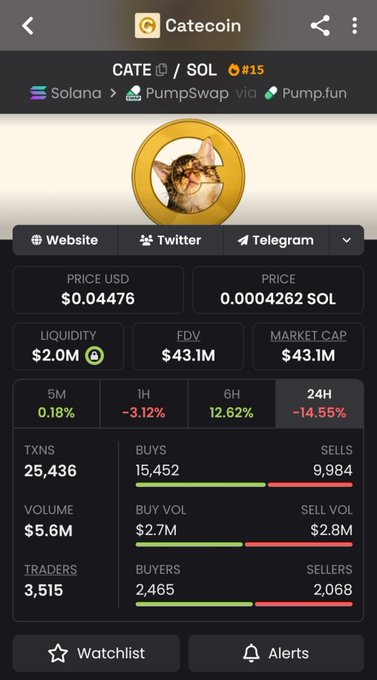 A screenshot of CATEcoin's ($CATE/SOL) trading page on a Solana-based platform shows a price of $0.04476 USD, market cap of $43.1M, and 24-hour performance of -14.55%, with 3,515 traders and 25,436 transactions—aligning with the post's hype around the token's growing community and parabolic chart movements despite the recent dip.