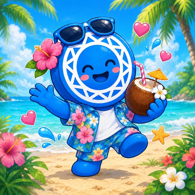 "gm June" is a popular artist who has created an illustration of a blue character with sunglasses, holding a coconut drink while standing on a beach surrounded by flowers. This artwork is related to the post because it features elements from the summer season like the beach setting and tropical theme, which aligns well with the concept of a "gm June" themed post.