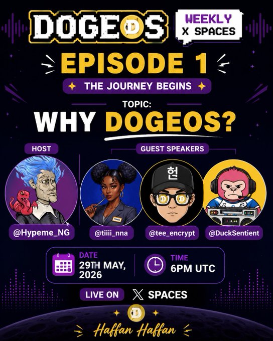 The image features an advertisement for a podcast called "Dogoes" that is scheduled to go live at 7 PM. The poster includes four cartoon characters, each representing a different DogeOS host or guest speaker. These characters are dressed in various styles and colors, showcasing their unique personalities. The poster also displays the date of the first episode, which is on May 26th, 2026.