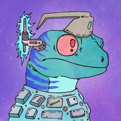 An illustration of a green dinosaur-like character with wide pink eyes wearing armor and a helmet, holding a glowing blue energy sword against a purple background.