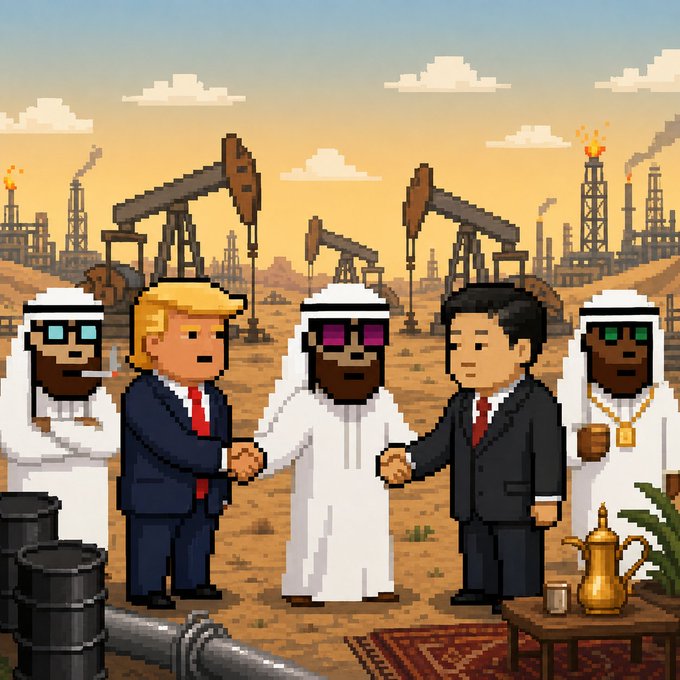 Pixel-art style illustration showing Donald Trump shaking hands with two Arab figures in white thobes, with an Asian man in a suit, set against a backdrop of desert oil derricks and refineries with burning flares. The image ties into the post's promotion of $OIL, depicting a literal handshake deal around Middle Eastern oil production and drilling operations.

The accompanying text promotes "UNLIMITED LEVERAGE" for buying $OIL via a swap app, framing the image as a visual metaphor for the kind of high-stakes oil deals and partnerships the token claims to represent.
