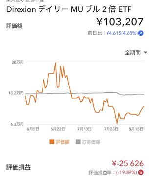 A trading chart shows the Direxion Daily MU Bull 2X ETF (MUDU) with an evaluation value of ¥103,207, down ¥4,615 (4.68%) from the previous day, and a cumulative loss of ¥25,626 (-19.89%), illustrating the volatility and decay concerns the poster is frustrated about regarding leveraged ETFs.