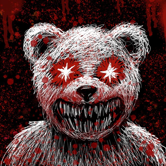 A terrifying sketch-style illustration of a snarling bear with bared sharp teeth and blood-splattered glowing star eyes set against a dark red background with dripping blood effects.