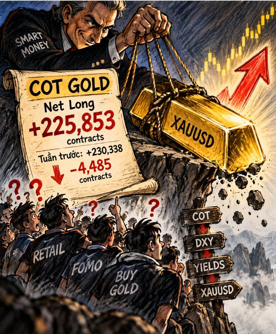 A cartoon-style financial graphic titled 'COT GOLD' with 'SMART MONEY' lifting a large gold bar labeled 'XAUUSD' on a cliff, while a crowd below (labeled 'RETAIL', 'FOMO', 'BUY GOLD') looks up with question marks, showing 'Net Long +225,853 contracts'.